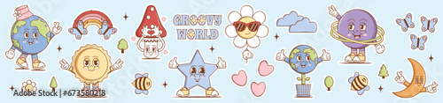 Set of vintage groovy characters and elements of sticker design. Retro character, hippie 70s style. Psychedelic planet earth, sun, mushroom, star, moon, flower. Groovy World. Vector art