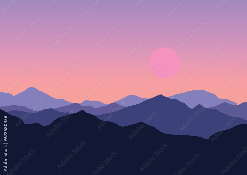 Obraz premium Beautiful mountains in the evening. Vector illustration in flat style.