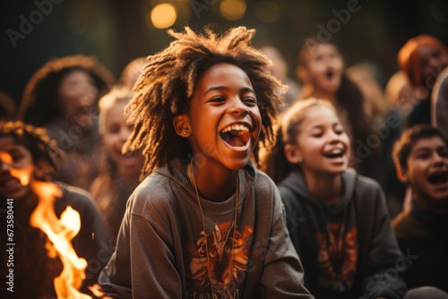 Young campers singing and dancing around a campfire, embracing the spirit of unity and fun, Generative AI