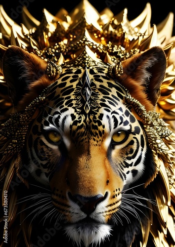AI generated illustration of a majestic Bengal tiger with stunning gold adornments