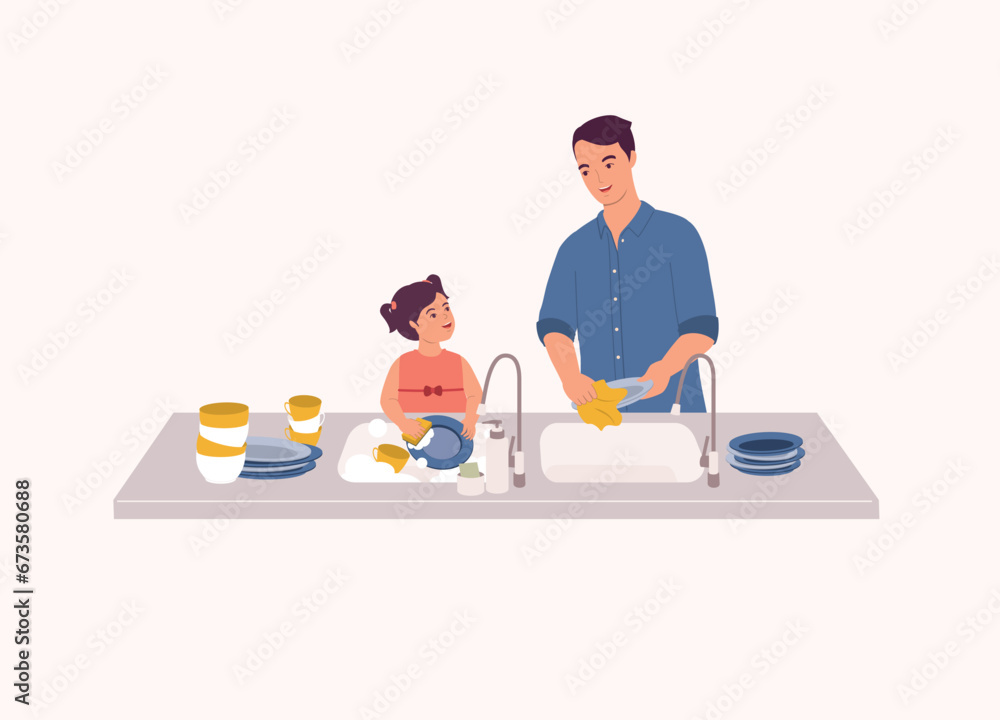 Happy Little Girl At Kitchen Sink Helping Her Father To Wash The Dishes. Half Length.