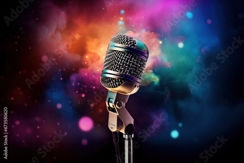 A microphone on a stand with a colorful background