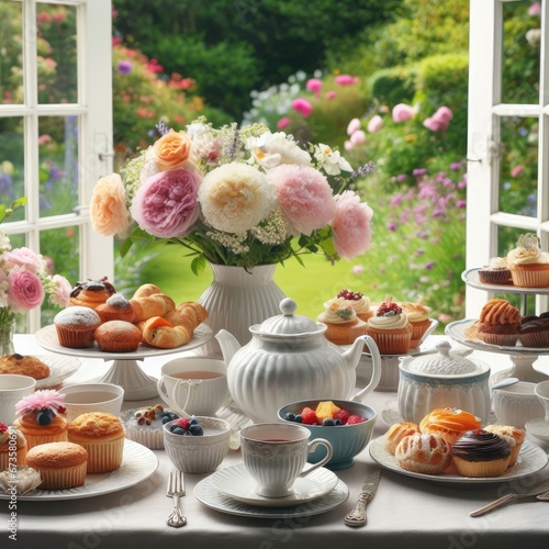 A table set for afternoon tea in a garden setting with white plates, cups and saucers, a vase of fresh flowers, a white teapot, various types of pastries and cakes such as scones, muffin