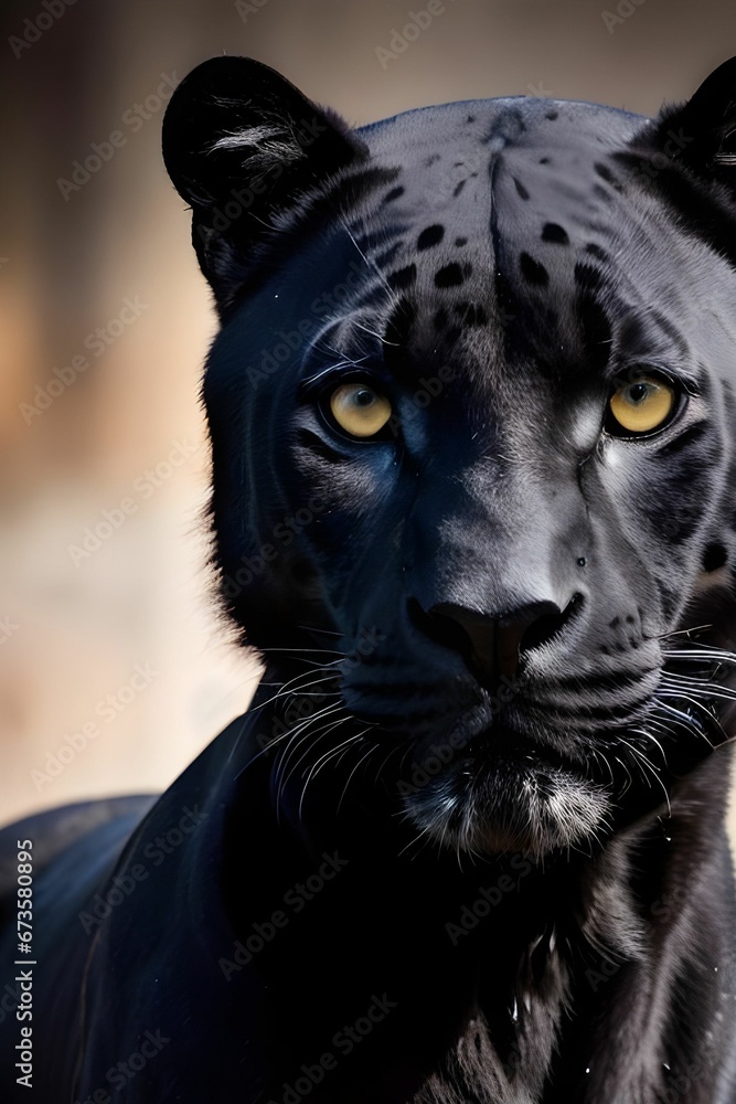AI generated illustration of an adult black leopard with striking yellow eyes