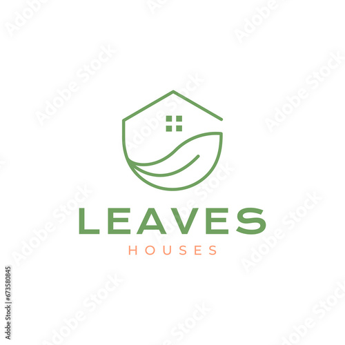 roof house with leaf plant gardening nature florist botanical line style simple minimalist logo design vector icon illustration