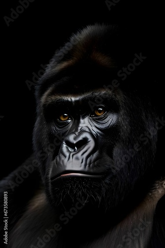 AI generated illustration of a close-up of a gorilla in a dark, nighttime setting © Wirestock