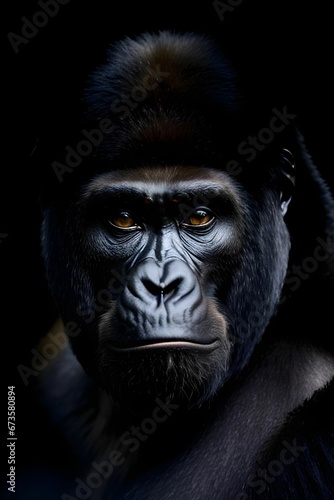 AI generated illustration of a close-up of a large Gorilla in a dark setting © Wirestock