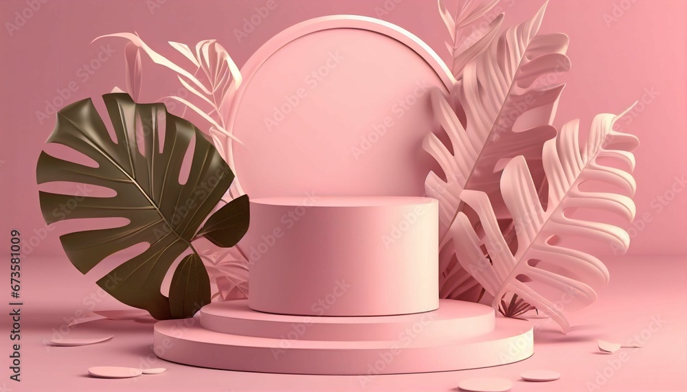 AI generated illustration of a pink cake display with green and pink tropical leaves in the studio AI generated illustration of a pink cake display with green and pink tropical leaves in the studio