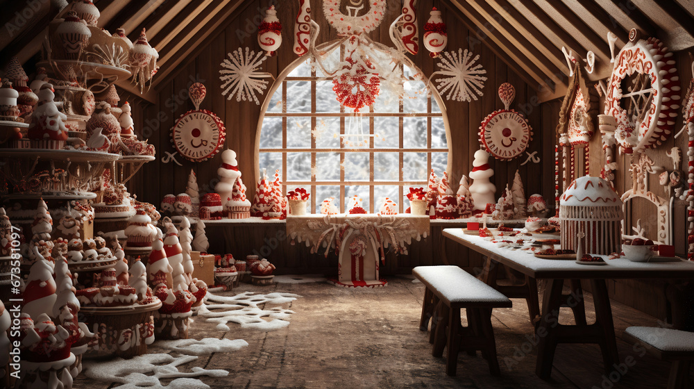 Fototapeta premium Inside Santas Workshop Made of Gingerbread and Candy
