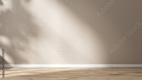 Blank clean beige cream fabric texture wallpaper wall, wood laminated parquet floor in sunlight, tree foliage shadow for luxury interior, fashion, beauty, cosmetic, skincare product background 3D © Sue Tansirimas