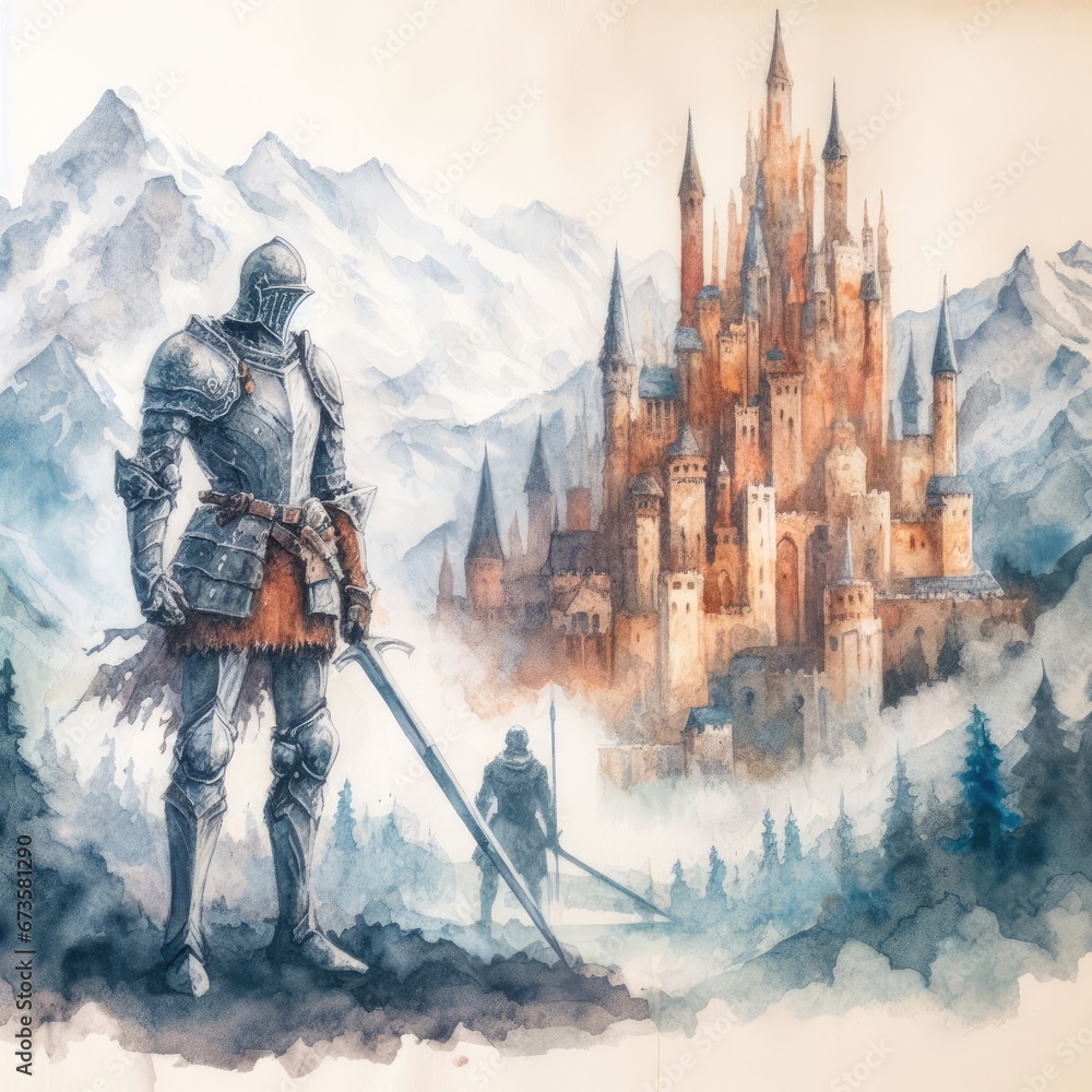 A watercolor painting of a knight standing in front of a castle. The knight is wearing a suit of armor and is holding a sword. The castle is tall and has many towers and spires - obrazy, fototapety, plakaty 