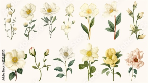 Vintage artwork and retro graphic design set of botanical illustrations of flowers or floral plants photo