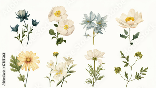 Vintage artwork and retro graphic design set of botanical illustrations of flowers or floral plants