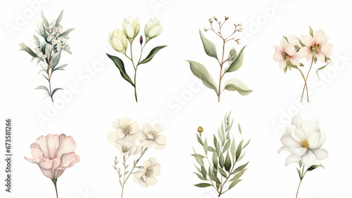 Vintage artwork and retro graphic design set of botanical illustrations of flowers or floral plants