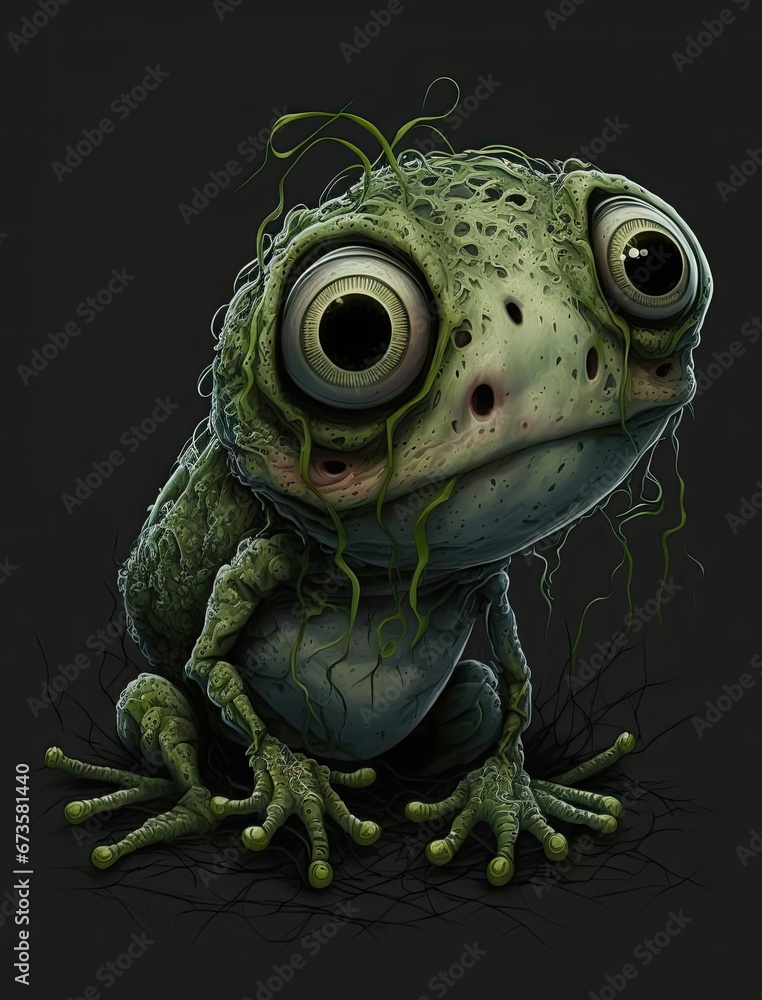 AI generated illustration of a creepy kawaii frog atop a mossy surface ...