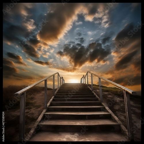 Staircase against the background of a beautiful sky at sunset. AI-generated.