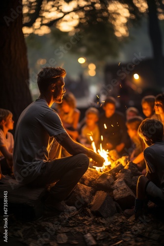 Kids gathered around a counselor, listening intently to captivating stories by the campfire, Generative AI