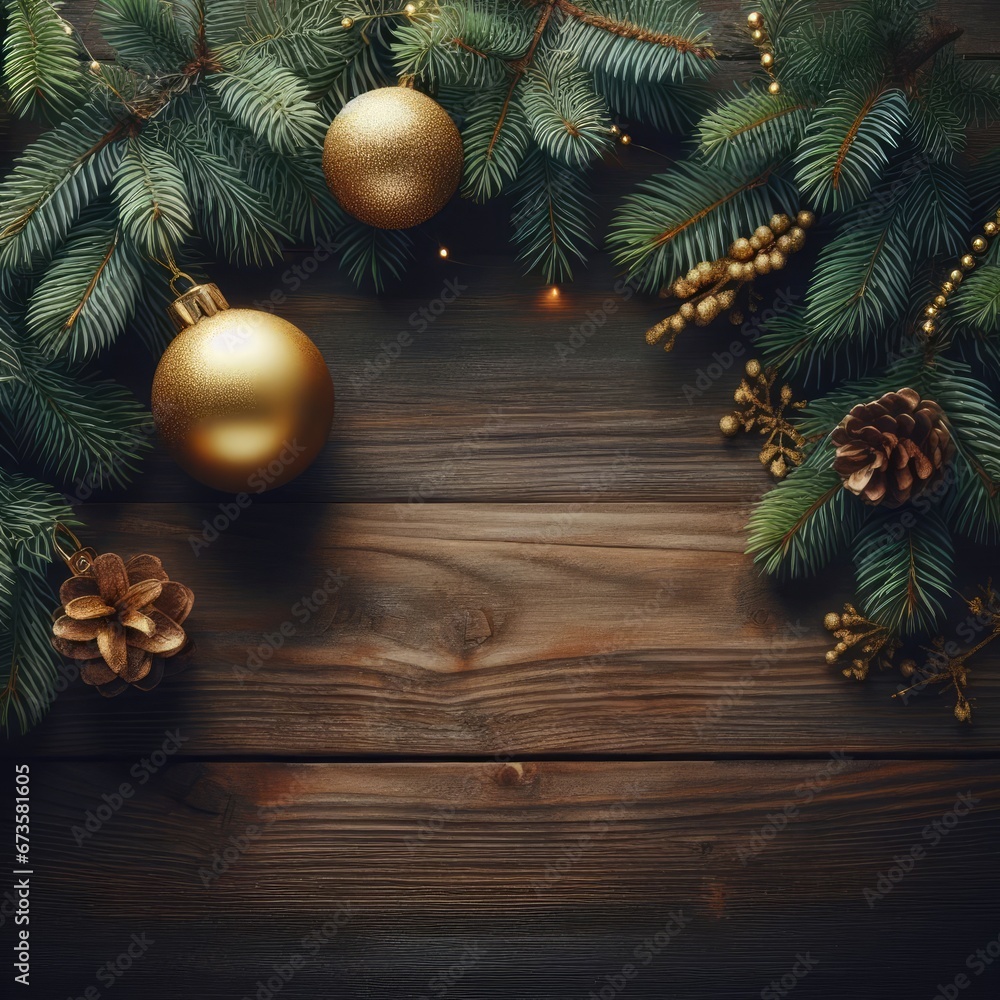 A wooden background with Christmas decorations consisting of a green pine tree branch and two golden baubles. A wooden background with Christmas decorations consisting of a green pine tree branch and two golden baubles.