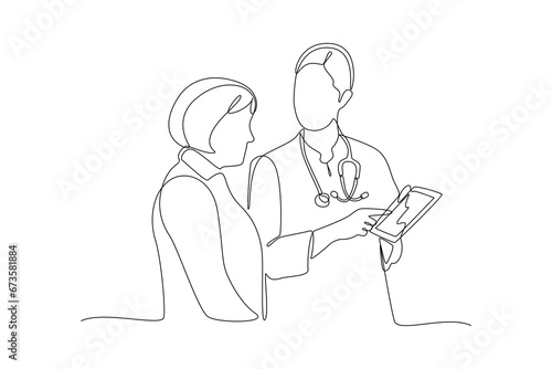 Continuous one line drawing Medical examination at clinic. Medical concept. Doodle vector illustration.