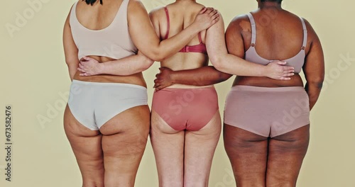 Body positive, underwear or back of women hug, solidarity and fashion for natural beauty, acceptance or inclusion. Woman empowerment embrace, friends group or lingerie shape size on studio background