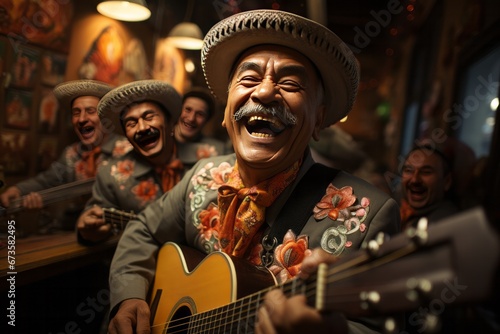 Cheerful mariachi band serenading diners at a Mexican restaurant, Generative AI © Shooting Star Std