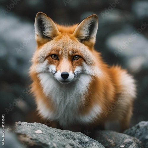 Red fox perched on a rock surrounded by other rocks in a natural setting, AI-generated.