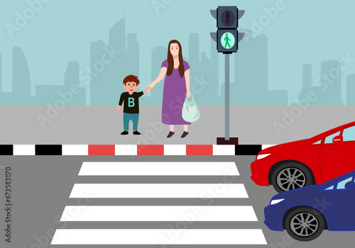 Mom and kid crosswalk by A crosswalk is a marked walkway across a road or street. Crosswalks make it safer for pedestrians to cross the street.