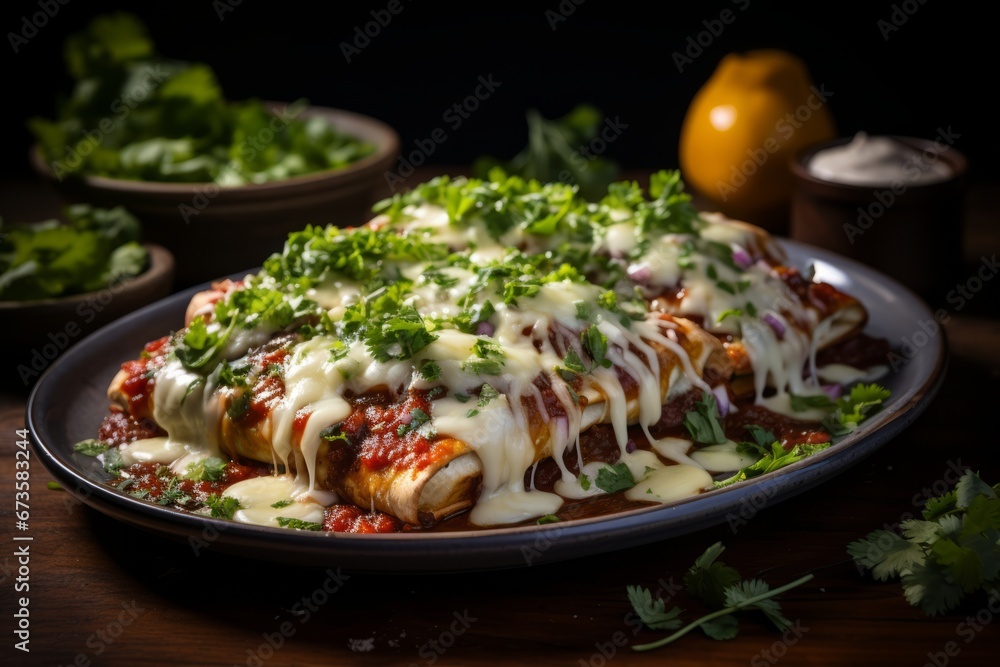 Delicious plate of enchiladas topped with savory sauce and cheese, Generative AI Delicious plate of enchiladas topped with savory sauce and cheese, Generative AI