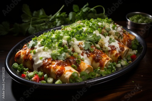 Delicious plate of enchiladas topped with savory sauce and cheese, Generative AI