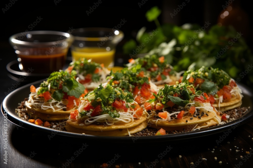 Platter of sopes, small corn cakes topped with savory ingredients, Generative AI Platter of sopes, small corn cakes topped with savory ingredients, Generative AI