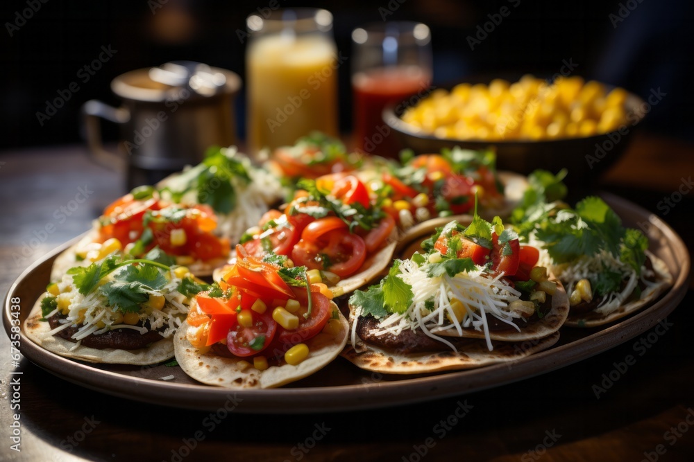 Platter of sopes, small corn cakes topped with savory ingredients, Generative AI Platter of sopes, small corn cakes topped with savory ingredients, Generative AI