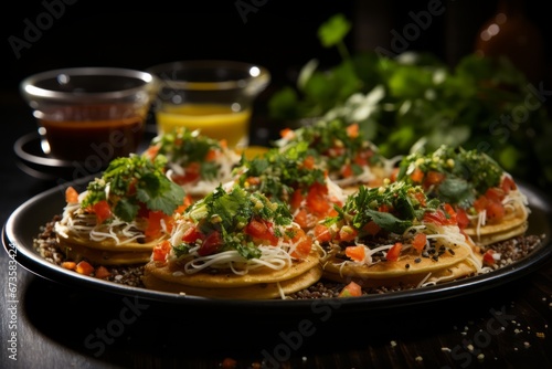 Platter of sopes, small corn cakes topped with savory ingredients, Generative AI