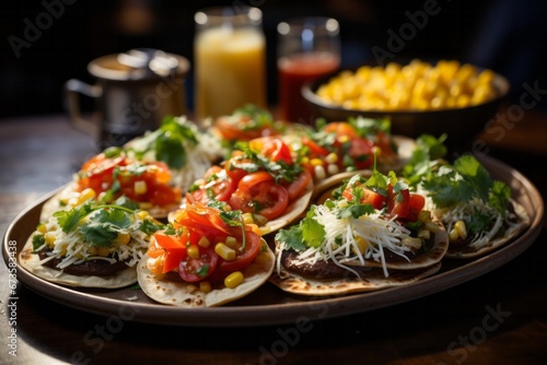 Platter of sopes, small corn cakes topped with savory ingredients, Generative AI