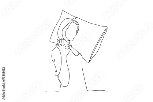 One continuous line drawing of Happy people lying with pillows. Deep dream and bedtime concept. Doodle vector illustration in simple linear style.