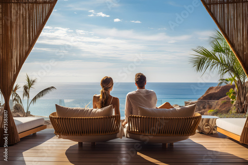 Rear view of couple relaxing on couch in luxury hotel. Summer, holiday, relax and lifestyle concept photo