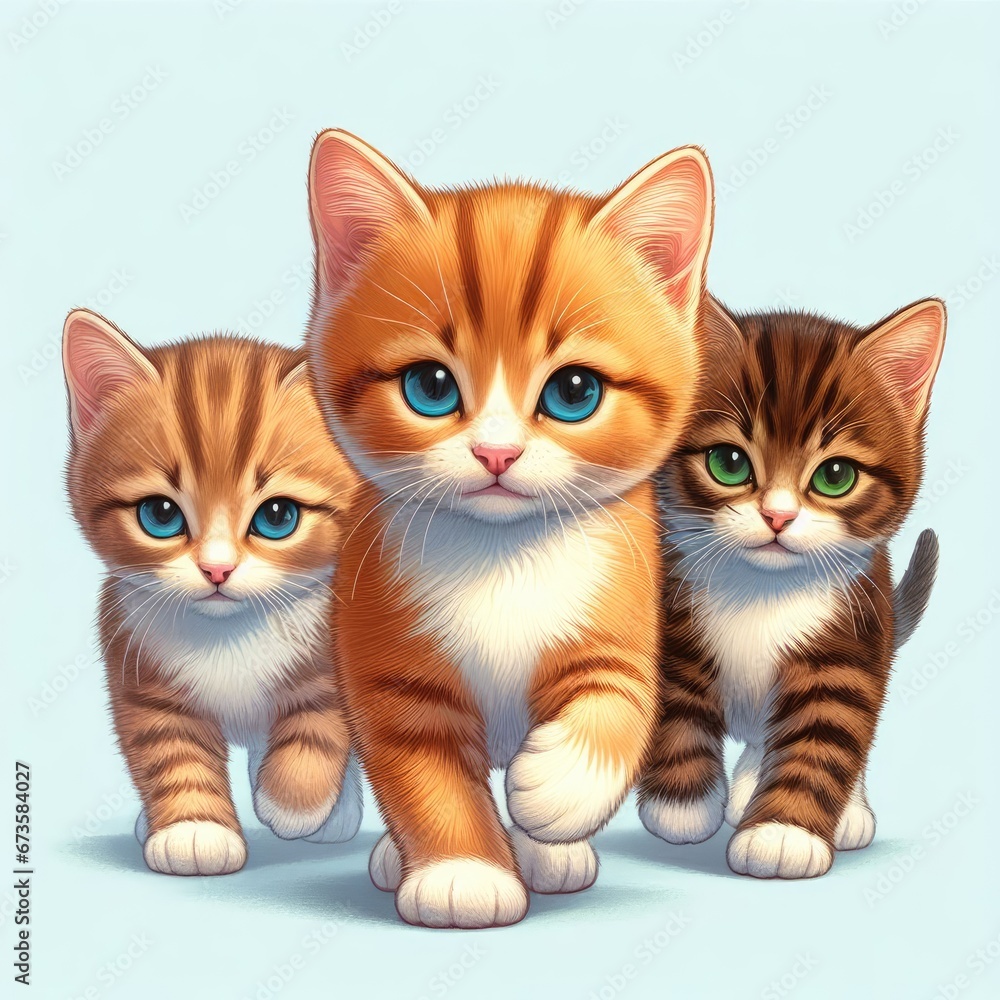 An illustration of three kittens walking towards the viewer. The kittens are of different breeds and colors. The kitten on the left is a light orange color with white paws and chest.