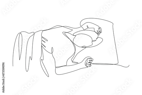 One continuous line drawing of Happy people lying with pillows. Deep dream and bedtime concept. Doodle vector illustration in simple linear style.