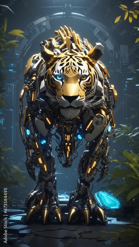 AI generated illustration of a futuristic robotic animal in a lush, green jungle