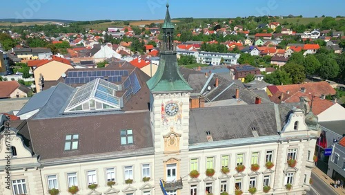 Mistelbach Town Hall In Main Square Hauptplatz In Austria - aerial drone shot photo