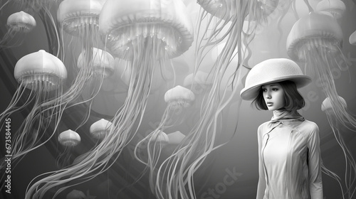 Black and white retro science fiction scene with a female surrounded by jellyfish. 