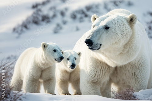 White bear with cubs in the natural environment
