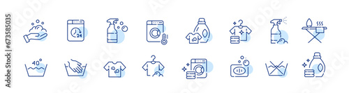 Set of laundry tag icons. Hand and machine service. Stain removing soap. Pixel perfect, editable stroke