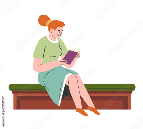 Girl reading favorite book on bench in library