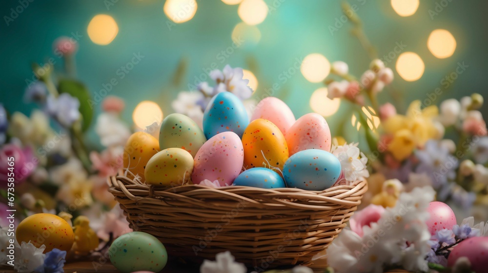 AI generated illustration of a beautiful Easter basket containing a variety of decorated eggs