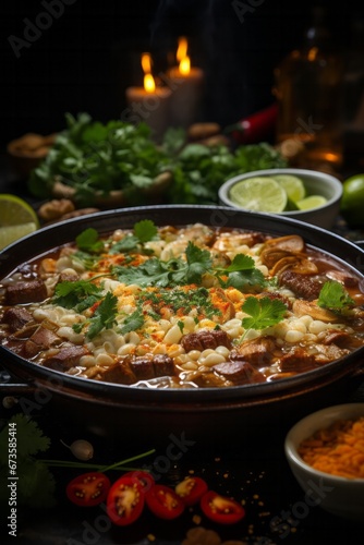 Close-up of a steaming bowl of pozole, a traditional Mexican soup, Generative AI