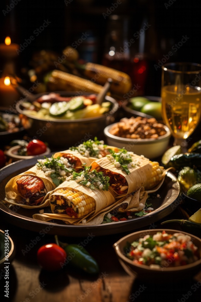 Festive table filled with tamales, a traditional Mexican dish, Generative AI Festive table filled with tamales, a traditional Mexican dish, Generative AI
