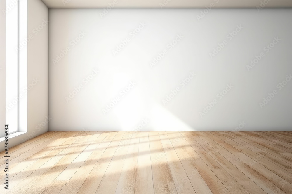AI generated illustration of an empty contemporary room with hardwood floors and white walls AI generated illustration of an empty contemporary room with hardwood floors and white walls