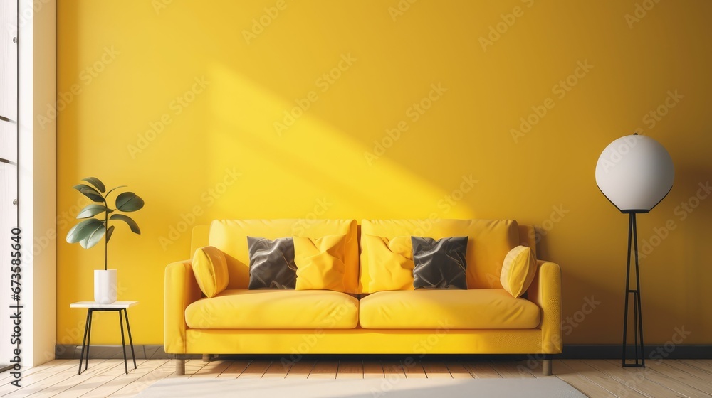AI generated illustration of a modern living room with a yellow sofa and a standing lamp beside it - obrazy, fototapety, plakaty 
