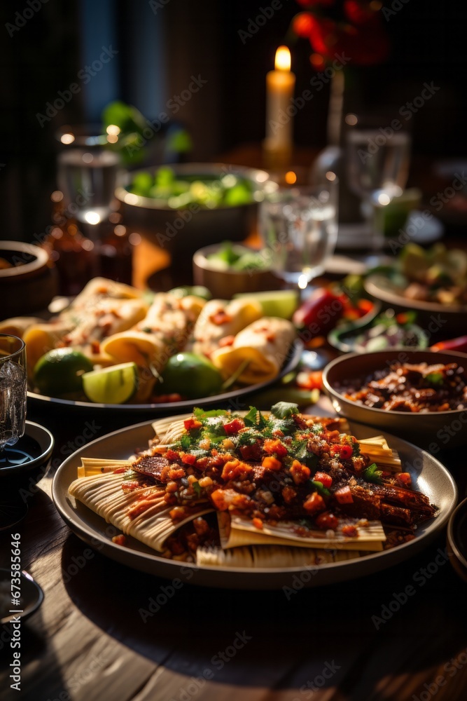 Festive table filled with tamales, a traditional Mexican dish, Generative AI Festive table filled with tamales, a traditional Mexican dish, Generative AI