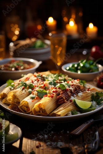 Festive table filled with tamales, a traditional Mexican dish, Generative AI